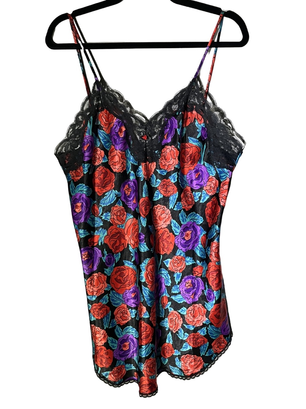 Vintage 90s Cine Star Floral Satin Lace Trim Camisole Top/Mini Dress - Medium